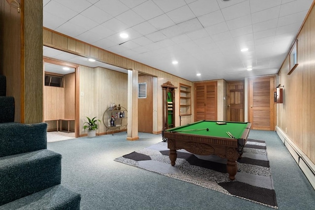 24 Flume Rd, Gloucester, MA 01930 - playroom featuring a baseboard radiator, carpet flooring, wood walls, and pool table
