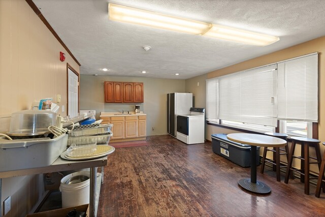 kitchen with fridge, dark hardwood / wood-style flooring, sink, and a textured ceiling