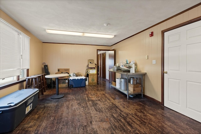 office featuring ornamental molding and dark wood-type flooring