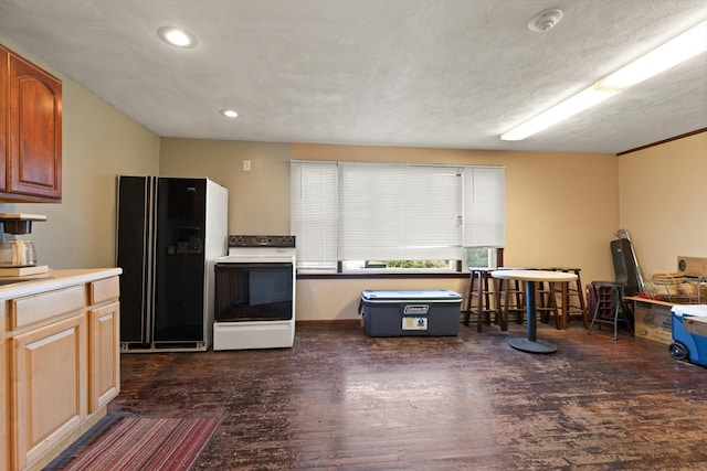 kitchen featuring a textured ceiling, dark wood-type flooring, black refrigerator with ice dispenser, and white electric range