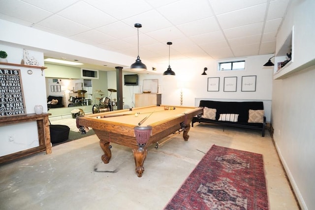 90 Braley Rd, Freetown, MA 02717 - playroom featuring a paneled ceiling, billiards table, and unfinished concrete floors
