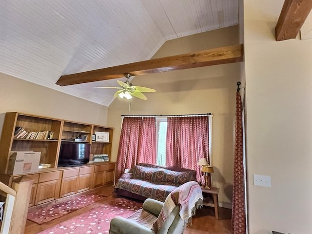 living room featuring vaulted ceiling with beams, ceiling fan, and wood ceiling