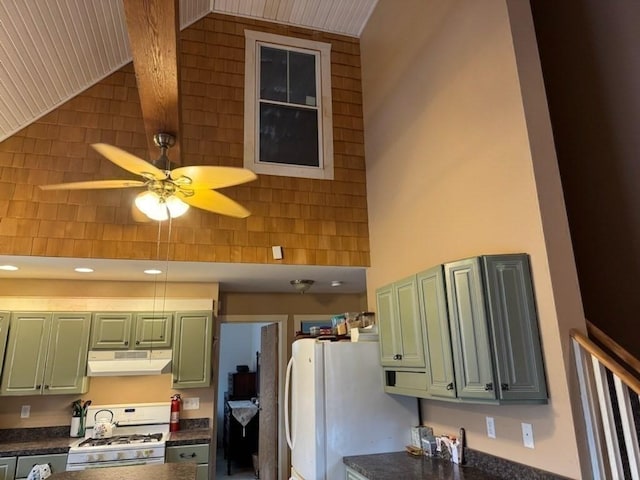 kitchen featuring ceiling fan, white appliances, high vaulted ceiling, and green cabinetry