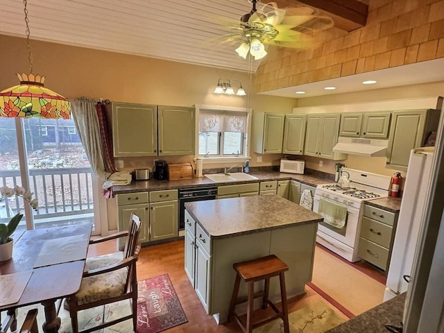 kitchen with ceiling fan, sink, wooden ceiling, white appliances, and a kitchen island