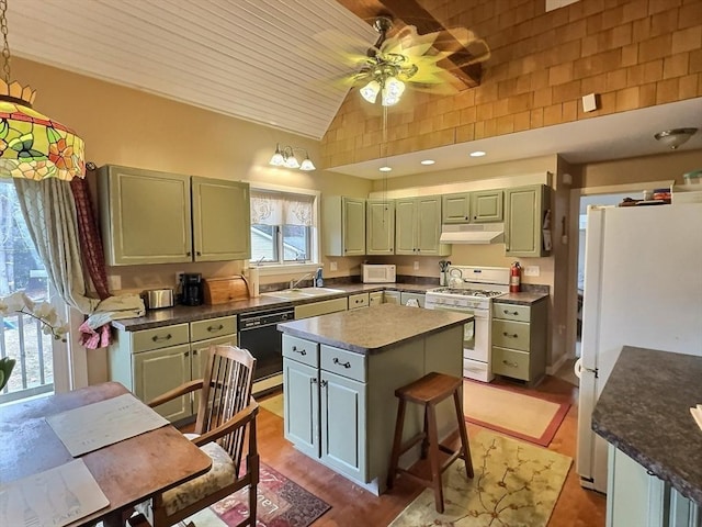 kitchen featuring a center island, lofted ceiling, white appliances, sink, and wood ceiling