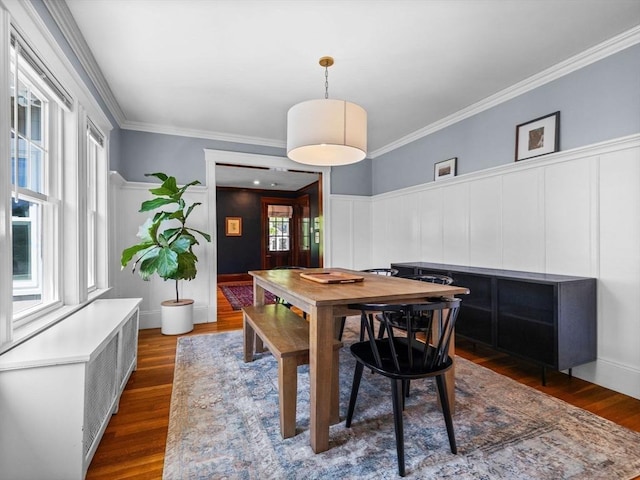 dining room with dark wood-type flooring, ornamental molding, and wainscoting