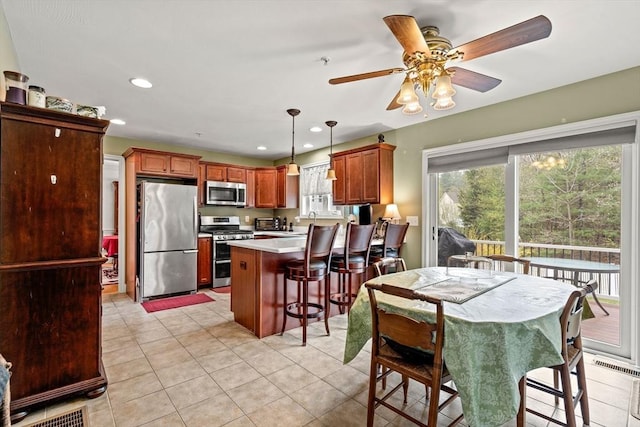 1 Cottonwood Cir, Kingston, NH 03848 - dining area with recessed lighting, light tile patterned floors, and a ceiling fan