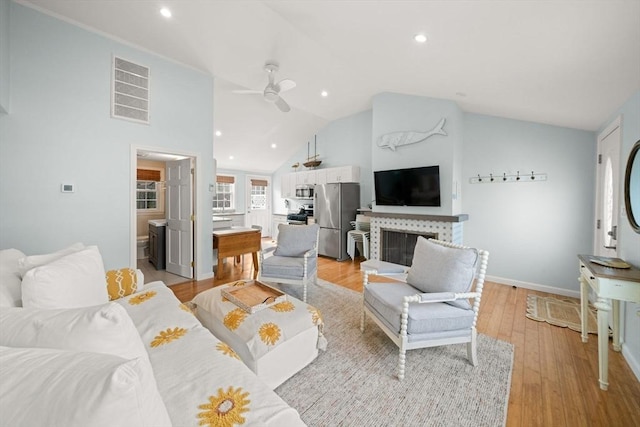 90 Broadway St Unit 90, Yarmouth, MA 02673 - living room with ceiling fan, vaulted ceiling, light wood-type flooring, recessed lighting, and baseboards