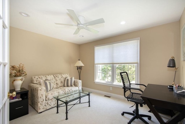 carpeted office with a ceiling fan, visible vents, recessed lighting, and baseboards