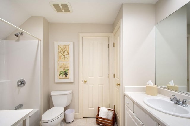 full bathroom with tile patterned flooring, visible vents, toilet, vanity, and  shower combination