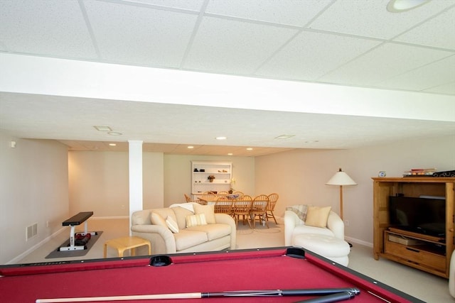 playroom featuring visible vents, baseboards, recessed lighting, a paneled ceiling, and billiards