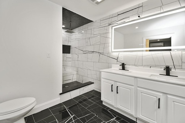 full bathroom with walk in shower, toilet, marble finish floor, and a sink