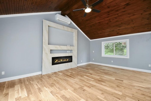 unfurnished living room with wooden ceiling, a large fireplace, vaulted ceiling, a wall mounted AC, and a ceiling fan
