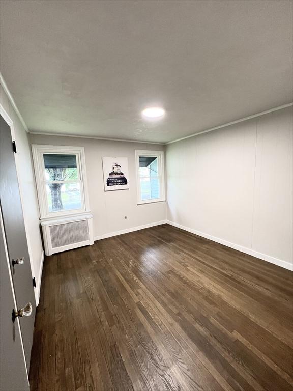 3 Rosewood Dr, Worcester, MA 01602 - spare room featuring radiator, dark wood-type flooring, plenty of natural light, and crown molding