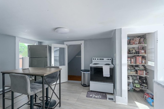 14 Sutton Ave, Oxford, MA 01540 - kitchen with white electric stove, freestanding refrigerator, and light wood finished floors