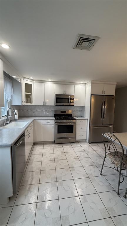kitchen featuring stainless steel appliances, a sink, tasteful backsplash, light countertops, and white cabinets