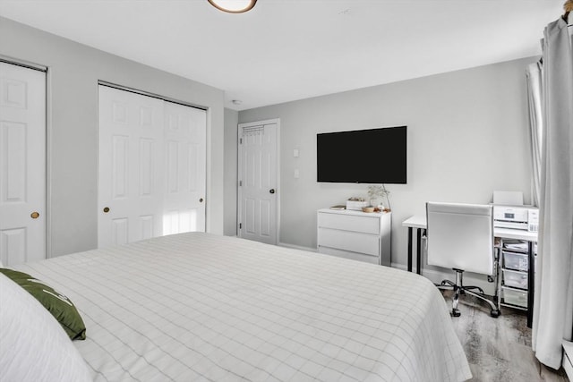 bedroom with wood finished floors and multiple closets