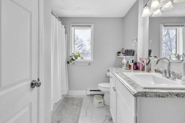 full bathroom with vanity, baseboards, a baseboard radiator, toilet, and marble finish floor