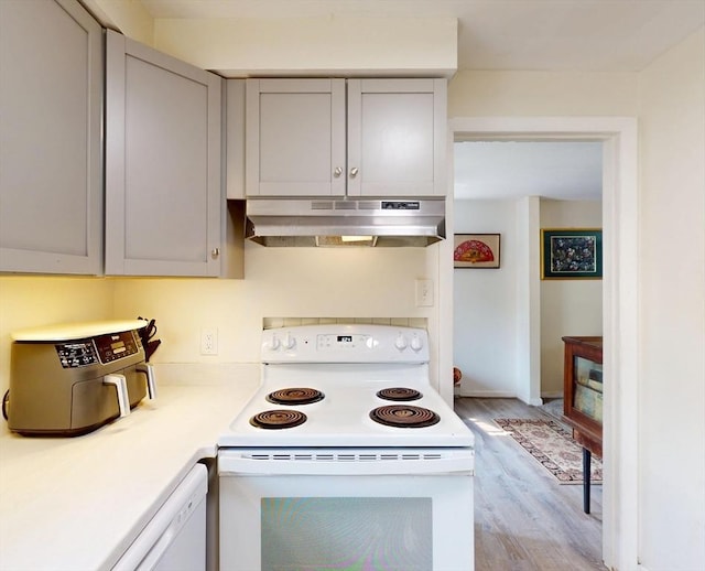 252 W St Unit 18, Amherst, MA 01002 - kitchen with white range with electric cooktop, under cabinet range hood, gray cabinetry, light wood-style floors, and light countertops