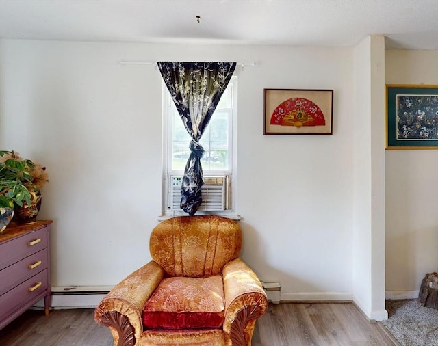 252 W St Unit 18, Amherst, MA 01002 - living area featuring a baseboard heating unit, wood finished floors, baseboards, and cooling unit