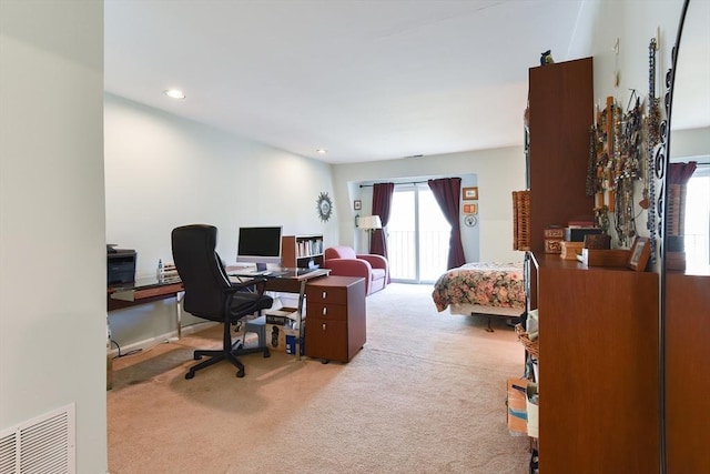 home office with carpet flooring, recessed lighting, and visible vents