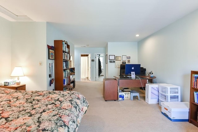 carpeted bedroom featuring recessed lighting
