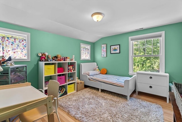 bedroom featuring wood finished floors and vaulted ceiling