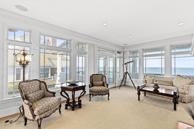 21 Circuit Ave, Scituate, MA 02066 - sunroom featuring french doors, crown molding, a water view, and baseboards