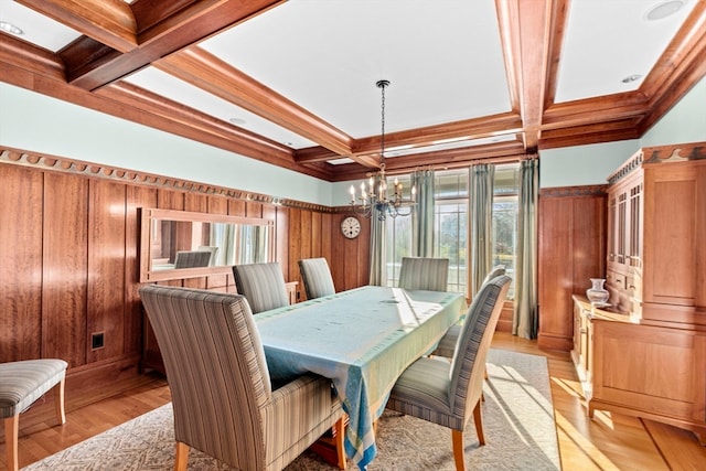 dining room featuring a healthy amount of sunlight, an inviting chandelier, and coffered ceiling