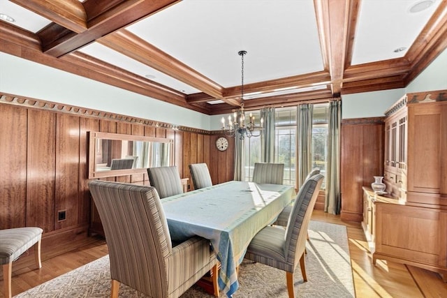 21 Circuit Ave, Scituate, MA 02066 - dining room featuring coffered ceiling, a chandelier, beam ceiling, and light wood-type flooring
