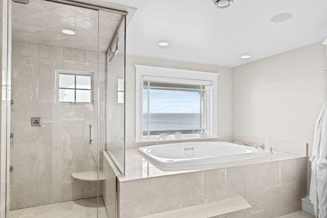 21 Circuit Ave, Scituate, MA 02066 - full bathroom with a bath, a stall shower, tile patterned floors, and recessed lighting