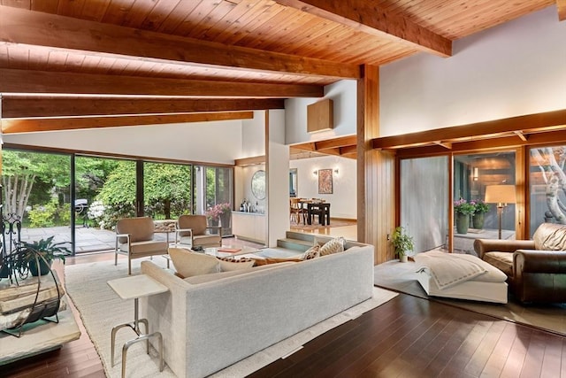 45 Pound St, Medfield, MA 02052 - living area featuring wood ceiling with exposed beams, hardwood / wood-style floors, and high vaulted ceiling