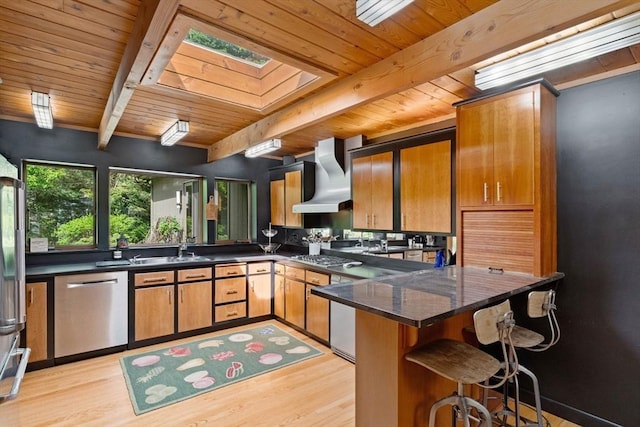 45 Pound St, Medfield, MA 02052 - kitchen featuring wall chimney exhaust hood, stainless steel appliances, wooden ceiling with exposed beams, dark countertops, and a peninsula