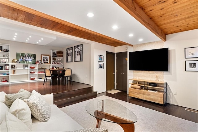 45 Pound St, Medfield, MA 02052 - living area featuring wood ceiling with exposed beams, wood finished floors, and recessed lighting