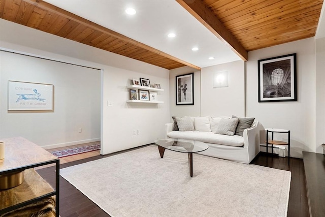45 Pound St, Medfield, MA 02052 - living area with wooden ceiling with exposed beams, wood finished floors, baseboards, recessed lighting, and a baseboard radiator