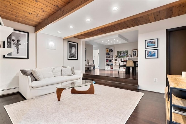 45 Pound St, Medfield, MA 02052 - living area featuring wood ceiling, dark wood finished floors, recessed lighting, a baseboard radiator, and built in features