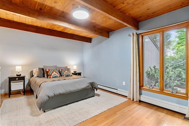 45 Pound St, Medfield, MA 02052 - bedroom featuring baseboard heating, wooden ceiling with exposed beams, a baseboard radiator, wood finished floors, and baseboards