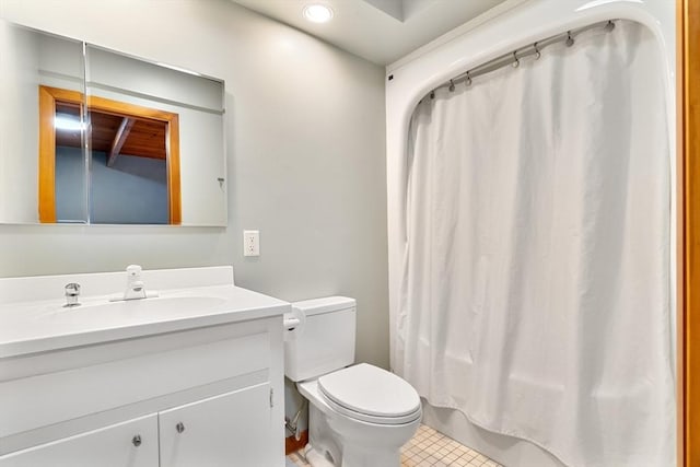 45 Pound St, Medfield, MA 02052 - full bathroom with vanity, toilet, curtained shower, tile patterned floors, and recessed lighting