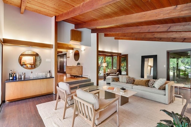 45 Pound St, Medfield, MA 02052 - living room with dark wood finished floors, wooden ceiling, and baseboard heating