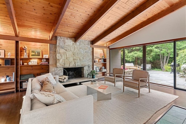 45 Pound St, Medfield, MA 02052 - living room with a fireplace, wooden ceiling with exposed beams, high vaulted ceiling, wood-type flooring, and wood walls