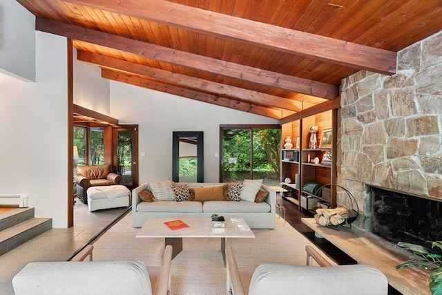 45 Pound St, Medfield, MA 02052 - tiled living area with wood ceiling, a baseboard radiator, a fireplace, and stairs