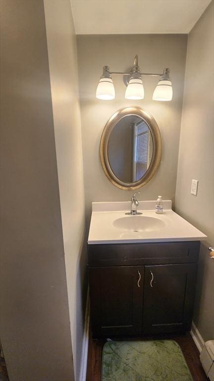 bathroom with wood finished floors and vanity