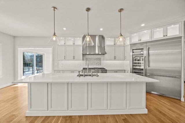 LOT487 Menauhant Rd, Falmouth, MA 02536 - kitchen with wall chimney exhaust hood, built in refrigerator, white cabinetry, tasteful backsplash, and a sink