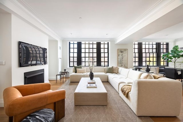 living room with a healthy amount of sunlight, crown molding, and a fireplace