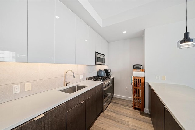 375 Canal St Unit 1109, Somerville, MA 02145 - kitchen featuring appliances with stainless steel finishes, white cabinetry, light wood-style floors, dark brown cabinets, and light countertops
