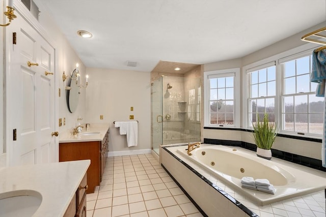 14 Frost Ln, Sudbury, MA 01776 - bathroom featuring vanity, a stall shower, a whirlpool tub, and tile patterned floors