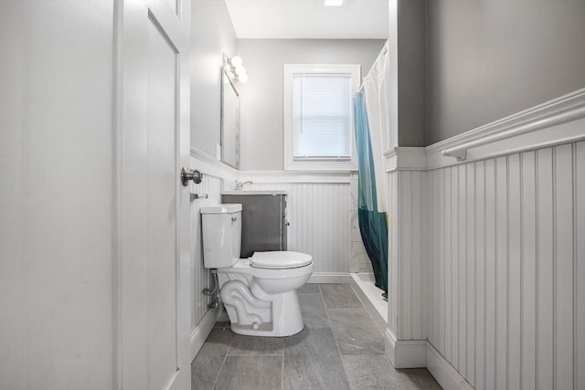 bathroom featuring toilet, vanity, and curtained shower