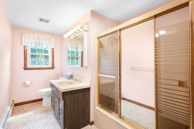 27 Woodland St, Natick, MA 01760 - bathroom featuring baseboard heating, toilet, vanity, baseboards, and combined bath / shower with glass door
