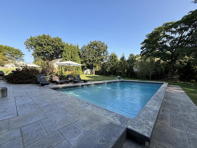 outdoor pool featuring a patio area and a yard