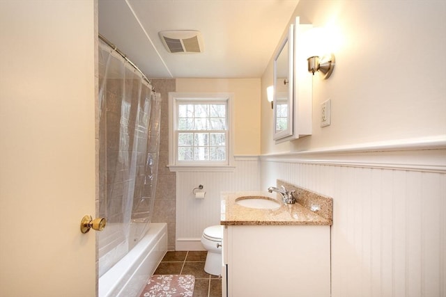 bathroom featuring tile patterned floors, visible vents, a wainscoted wall, toilet, and vanity